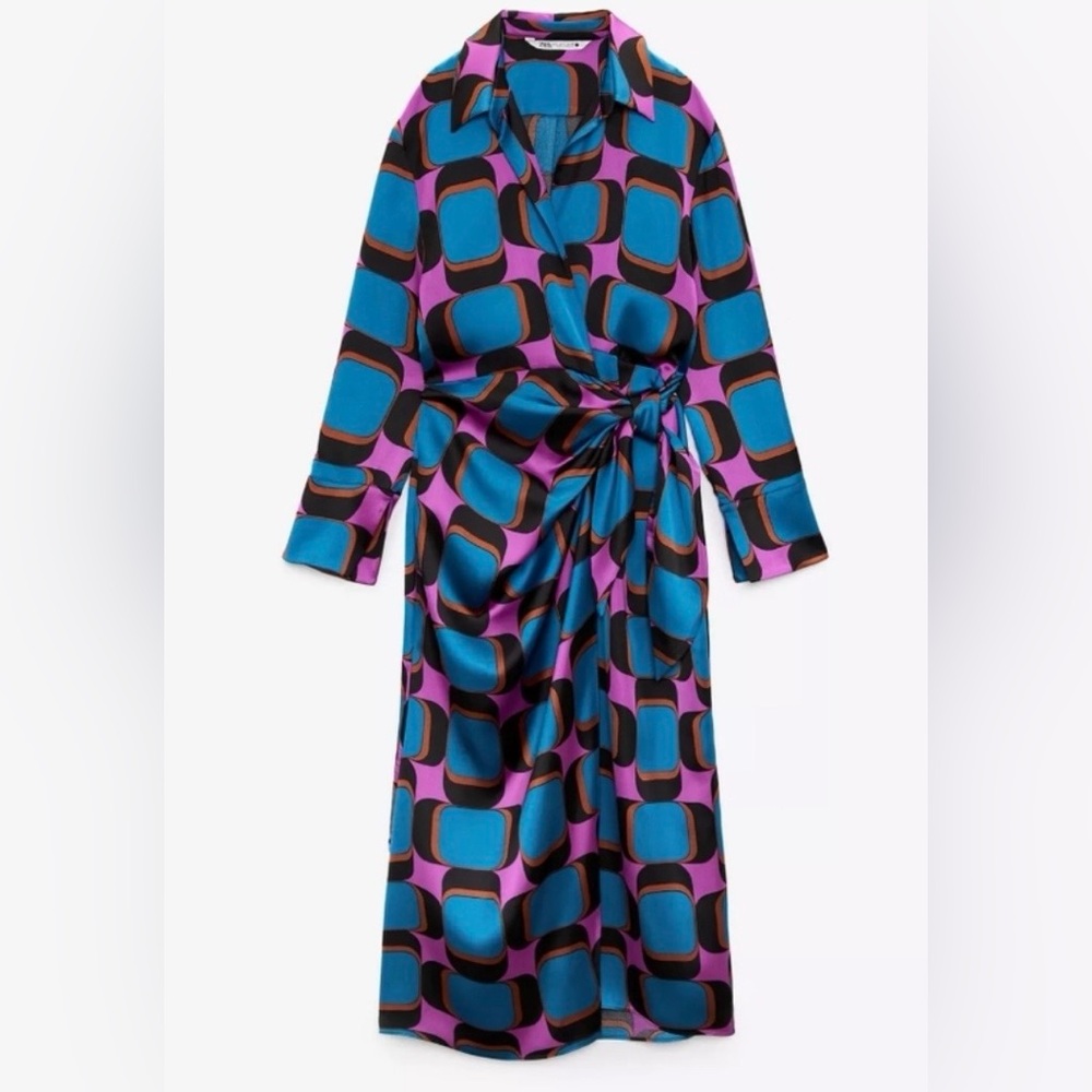 Zara Geometric Print Wrap Midi Dress Size M NWT